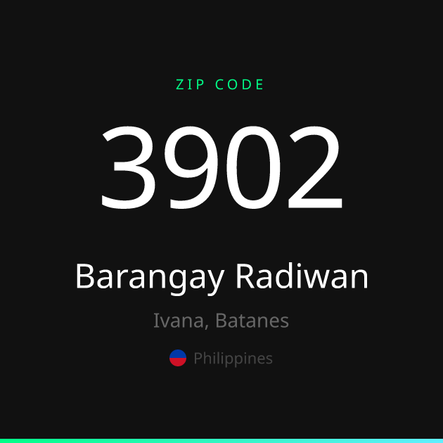 Shareable ZIP code 3902 card for Barangay Radiwan, dark theme