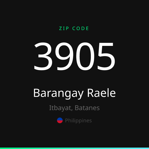 Shareable ZIP code 3905 card for Barangay Raele, dark theme
