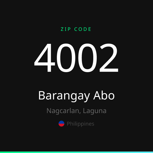 Shareable ZIP code 4002 card for Barangay Abo, dark theme