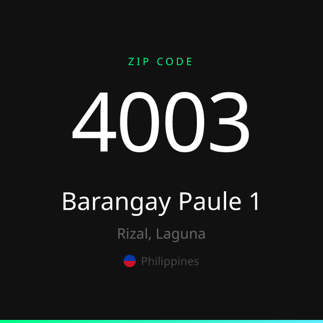 Shareable ZIP code 4003 card for Barangay Paule 1, dark theme