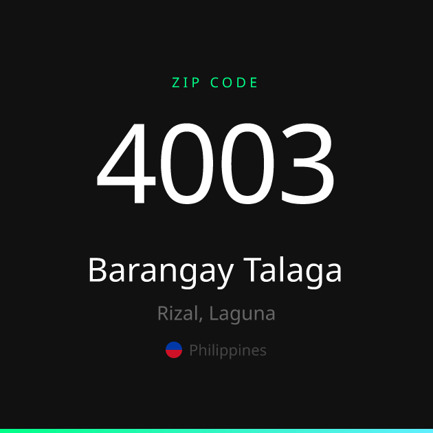 Shareable ZIP code 4003 card for Barangay Talaga, dark theme