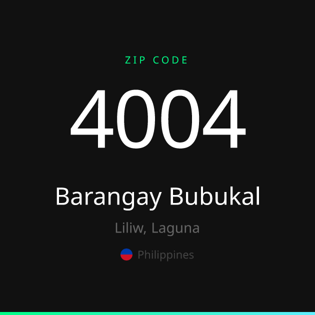 Shareable ZIP code 4004 card for Barangay Bubukal, dark theme