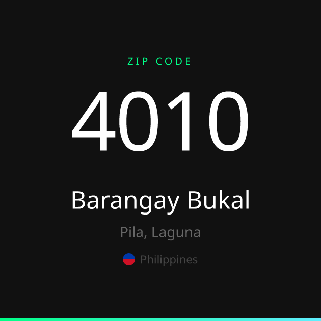 Shareable ZIP code 4010 card for Barangay Bukal, dark theme