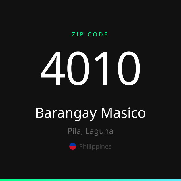 Shareable ZIP code 4010 card for Barangay Masico, dark theme