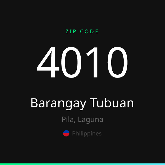 Shareable ZIP code 4010 card for Barangay Tubuan, dark theme