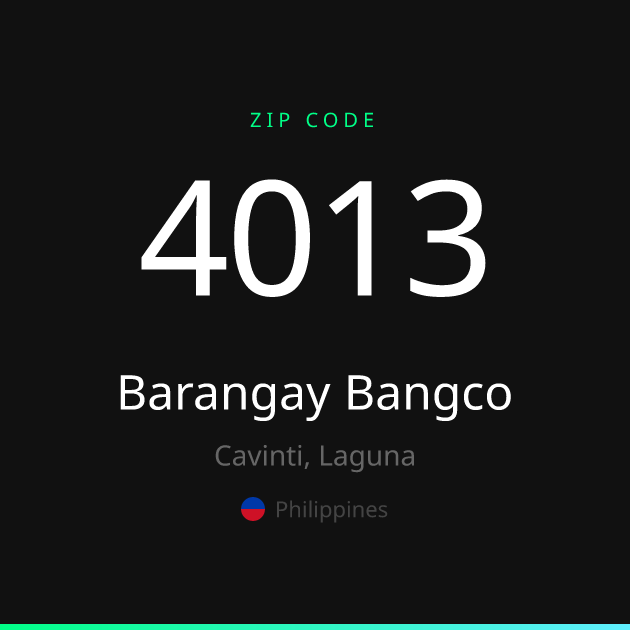 Shareable ZIP code 4013 card for Barangay Bangco, dark theme