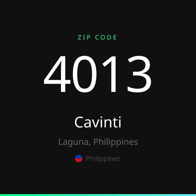Shareable ZIP code 4013 card for Cavinti, dark theme
