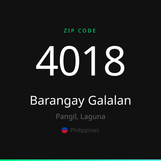 Shareable ZIP code 4018 card for Barangay Galalan, dark theme