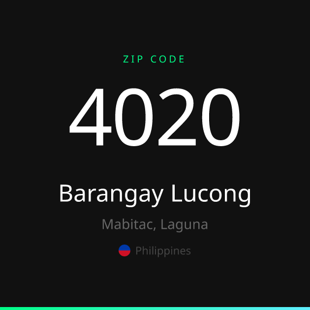 Shareable ZIP code 4020 card for Barangay Lucong, dark theme