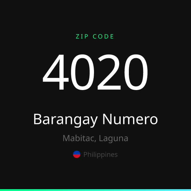 Shareable ZIP code 4020 card for Barangay Numero, dark theme