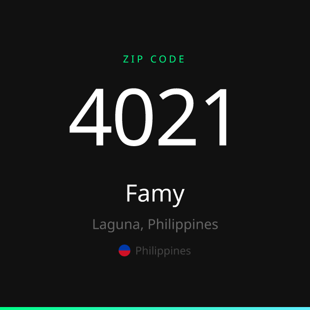 Shareable ZIP code 4021 card for Famy, dark theme