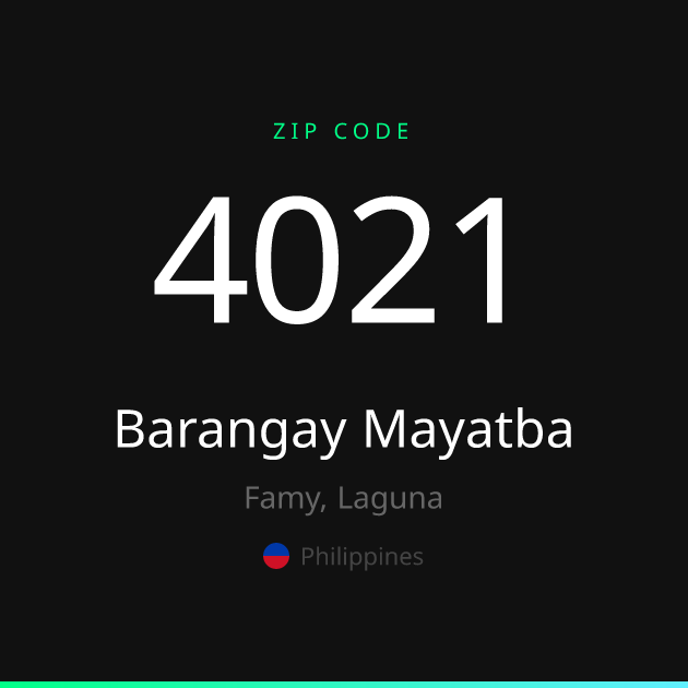 Shareable ZIP code 4021 card for Barangay Mayatba, dark theme
