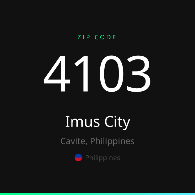 Shareable ZIP code 4103 card for Imus City, dark theme