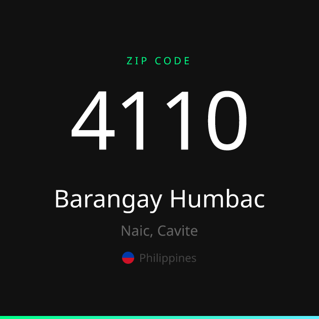 Shareable ZIP code 4110 card for Barangay Humbac, dark theme