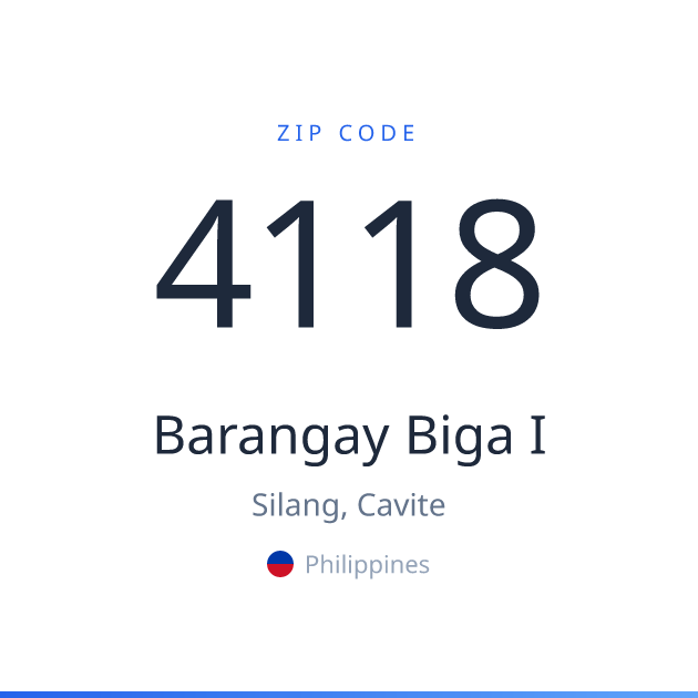 Shareable ZIP code 4118 card for Barangay Biga I, light theme