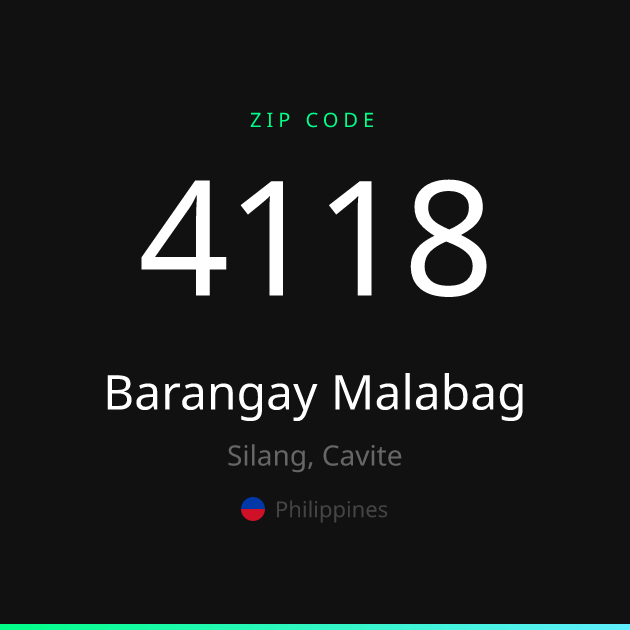Shareable ZIP code 4118 card for Barangay Malabag, dark theme