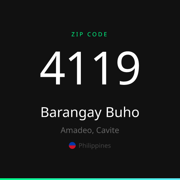 Shareable ZIP code 4119 card for Barangay Buho, dark theme
