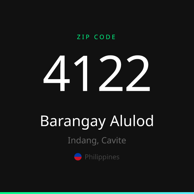 Shareable ZIP code 4122 card for Barangay Alulod, dark theme