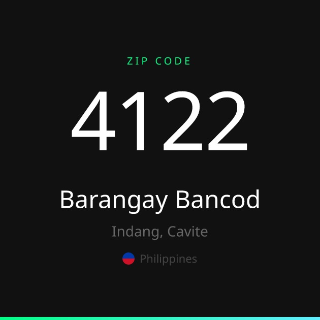 Shareable ZIP code 4122 card for Barangay Bancod, dark theme