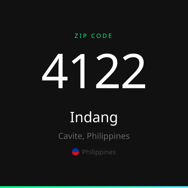 Shareable ZIP code 4122 card for Indang, dark theme