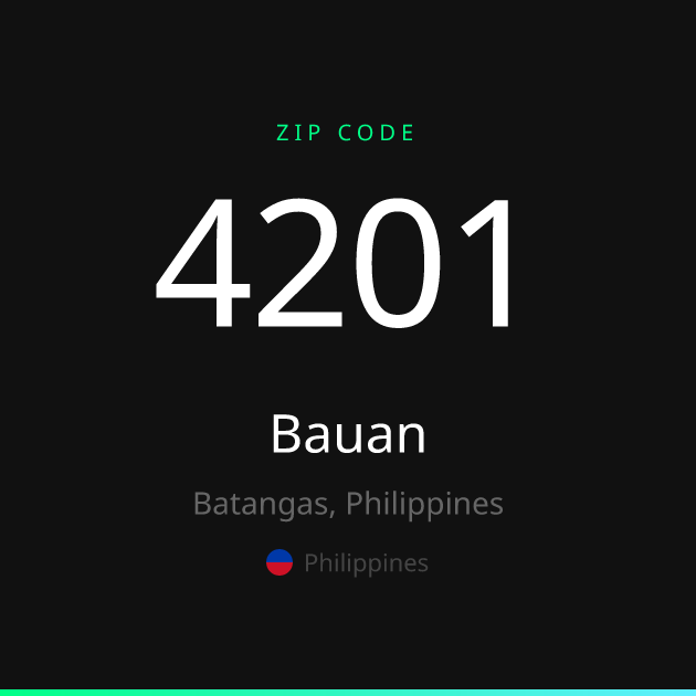 Shareable ZIP code 4201 card for Bauan, dark theme
