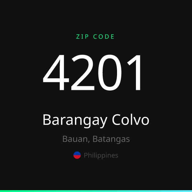 Shareable ZIP code 4201 card for Barangay Colvo, dark theme
