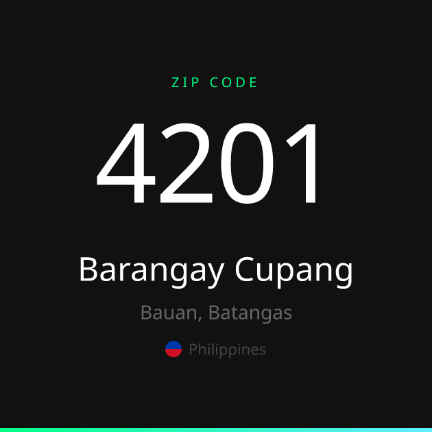 Shareable ZIP code 4201 card for Barangay Cupang, dark theme