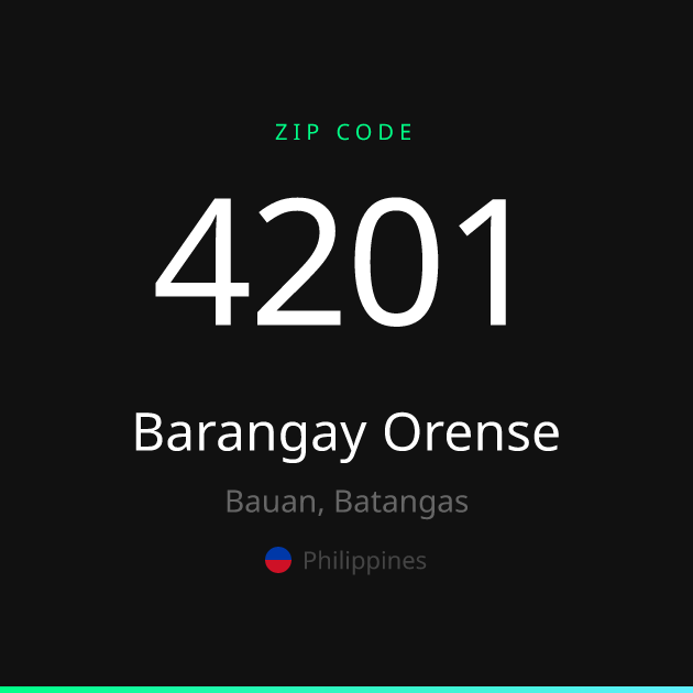 Shareable ZIP code 4201 card for Barangay Orense, dark theme