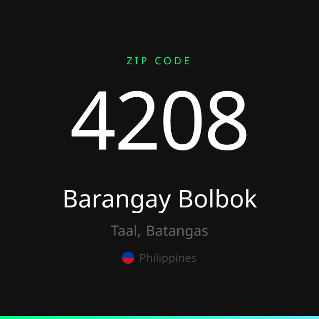 Shareable ZIP code 4208 card for Barangay Bolbok, dark theme