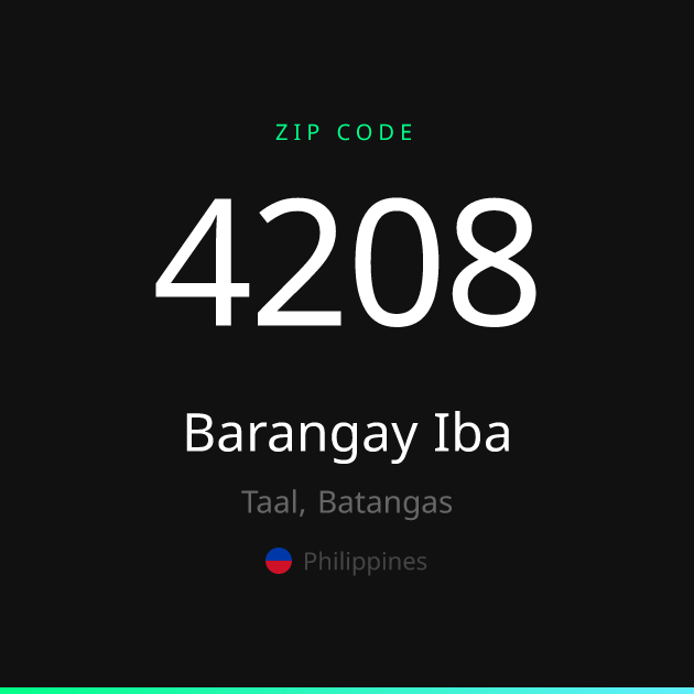 Shareable ZIP code 4208 card for Barangay Iba, dark theme