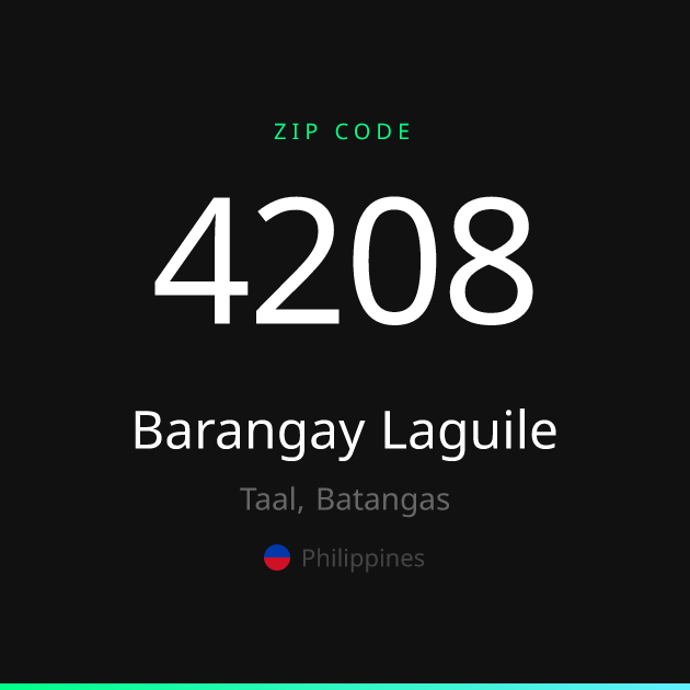 Shareable ZIP code 4208 card for Barangay Laguile, dark theme