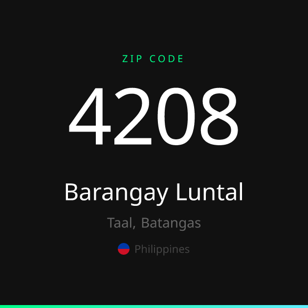 Shareable ZIP code 4208 card for Barangay Luntal, dark theme