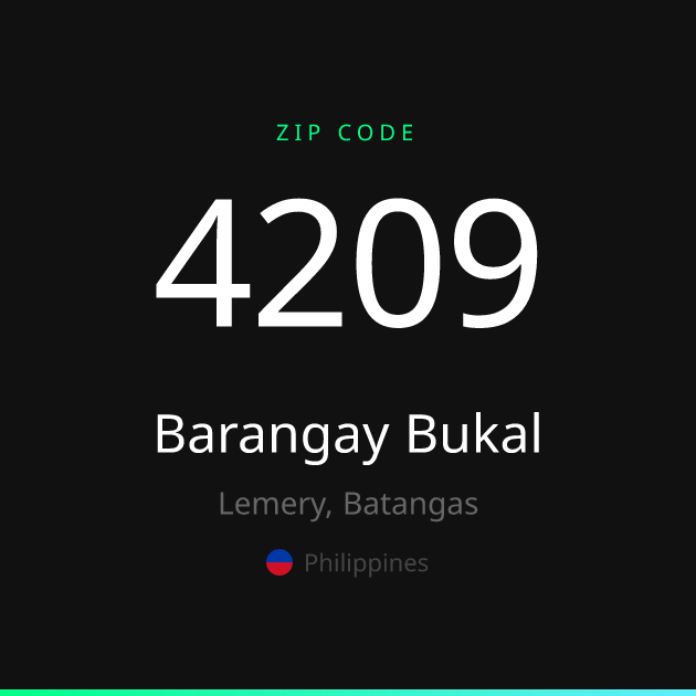 Shareable ZIP code 4209 card for Barangay Bukal, dark theme