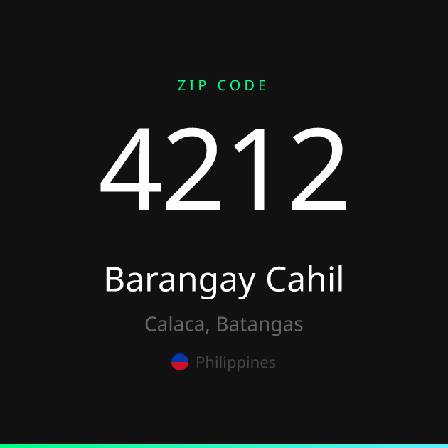 Shareable ZIP code 4212 card for Barangay Cahil, dark theme