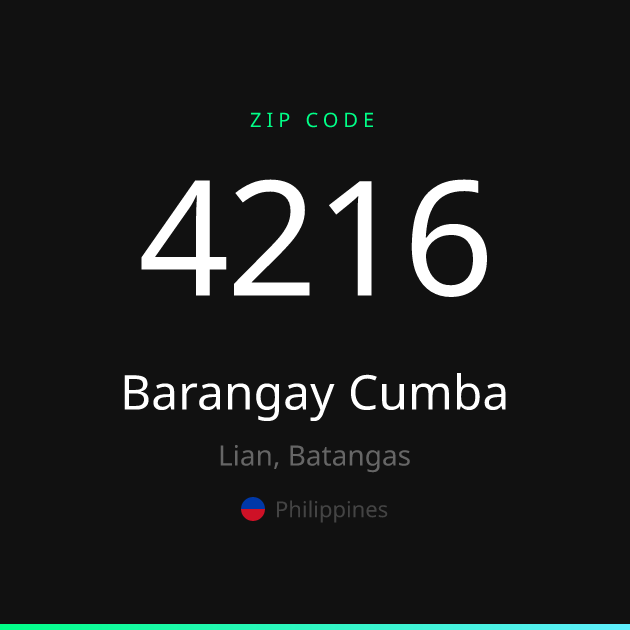 Shareable ZIP code 4216 card for Barangay Cumba, dark theme