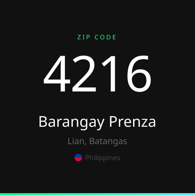 Shareable ZIP code 4216 card for Barangay Prenza, dark theme