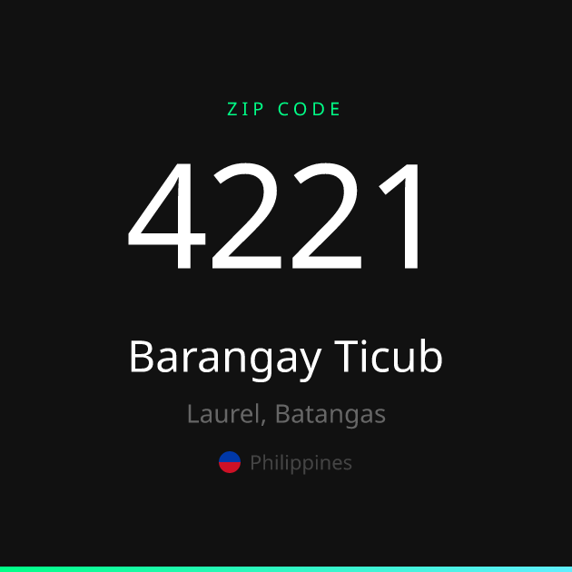 Shareable ZIP code 4221 card for Barangay Ticub, dark theme
