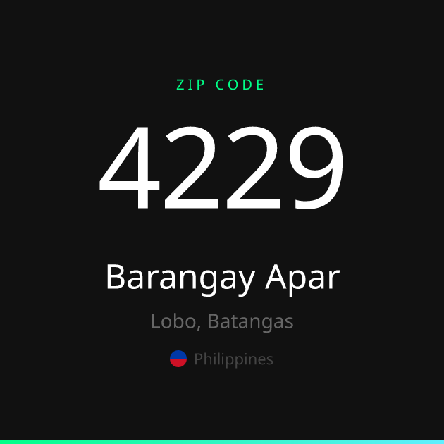 Shareable ZIP code 4229 card for Barangay Apar, dark theme