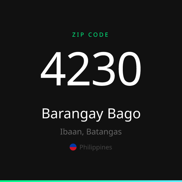 Shareable ZIP code 4230 card for Barangay Bago, dark theme