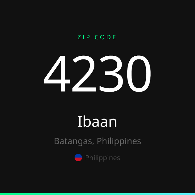 Shareable ZIP code 4230 card for Ibaan, dark theme