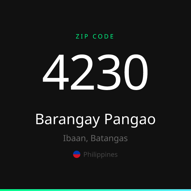 Shareable ZIP code 4230 card for Barangay Pangao, dark theme