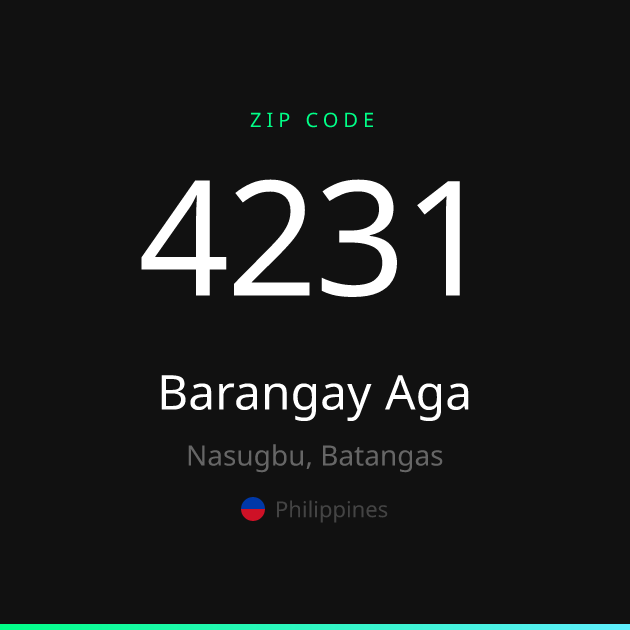 Shareable ZIP code 4231 card for Barangay Aga, dark theme
