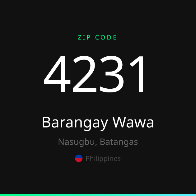 Shareable ZIP code 4231 card for Barangay Wawa, dark theme
