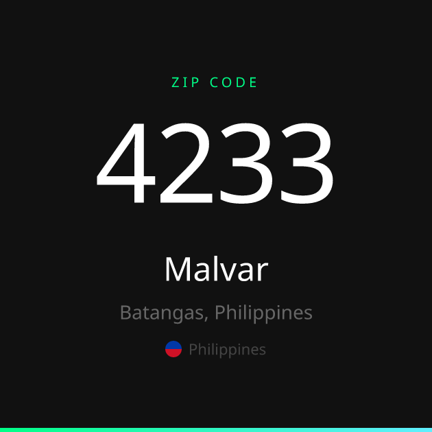 Shareable ZIP code 4233 card for Malvar, dark theme