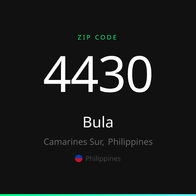 Shareable ZIP code 4430 card for Bula, dark theme