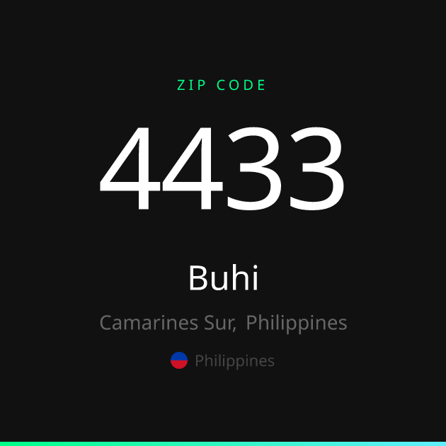 Shareable ZIP code 4433 card for Buhi, dark theme
