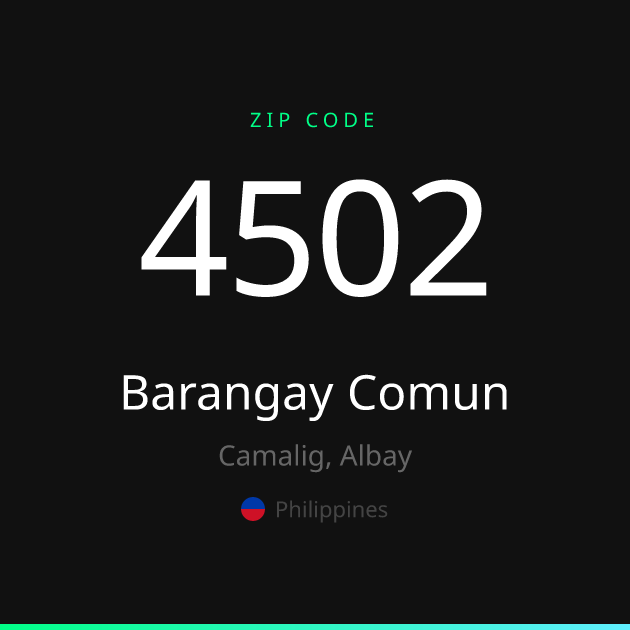 Shareable ZIP code 4502 card for Barangay Comun, dark theme