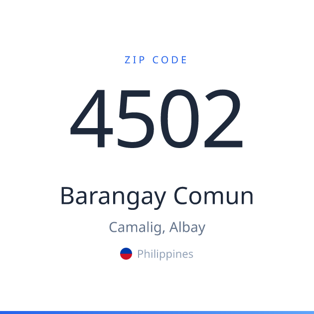 Shareable ZIP code 4502 card for Barangay Comun, light theme