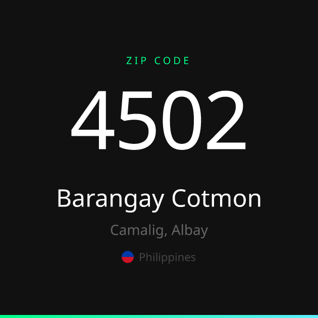 Shareable ZIP code 4502 card for Barangay Cotmon, dark theme