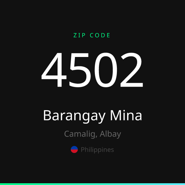 Shareable ZIP code 4502 card for Barangay Mina, dark theme